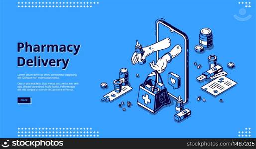 Pharmacy delivery online service isometric landing page. Human hands give bag with drugs from smartphone screen. Internet drugstore, medicine retail healthcare business. 3d vector line art web banner. Pharmacy delivery online service isometric landing