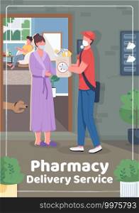 Pharmacy delivery service poster flat vector template. Sending special birthday present to friends. Brochure, booklet one page concept design with cartoon characters. Covid quarantine flyer, leaflet. Pharmacy delivery service poster flat vector template