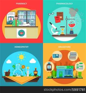 Pharmacy design concept set with pharmacology and drugstore flat icons isolated vector illustration. Pharmacy Concept Set