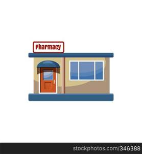 Pharmacy drugstore building icon in cartoon style on a white background. Pharmacy drugstore building icon, cartoon style
