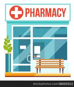 Pharmacy facade with glass door. City street store isolated on white background. Pharmacy facade with glass door. City street store