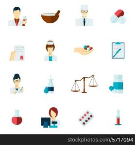 Pharmacy flat icons set with pharmacist avatars and pill symbols isolated vector illustration