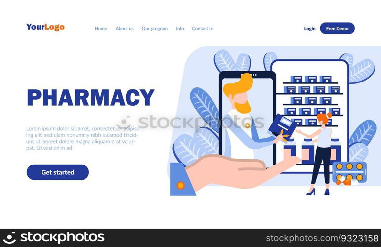 Pharmacy flat landing page template with header. Online drugstore, medicine mobile app web banner, homepage design. Internet ordering remedies vector illustration. Pharmaceutics, health concept