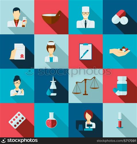 Pharmacy flat long shadow icons set with doctors avatars receipts and laboratory flasks isolated vector illustration