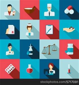 Pharmacy flat long shadow icons set with doctors avatars receipts and laboratory flasks isolated vector illustration