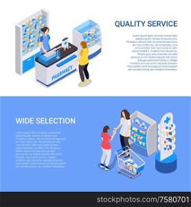 Pharmacy horizontal banners with wide selection and quality service isometric compositions vector illustration