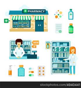 Pharmacy Icon Set. Colored and isolated pharmacy icon set with drugstore facade showcase with medications and pharmacist vector illustration