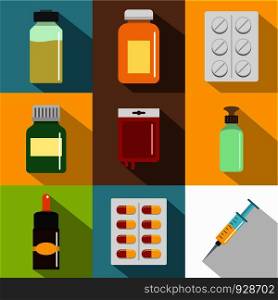 Pharmacy icon set. Flat style set of 9 pharmacy vector icons for web design. Pharmacy icon set, flat style