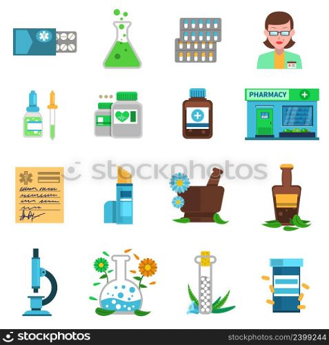 Pharmacy icons set with medical shop buildings and medicines isolated vector illustration. Pharmacy Icons Set