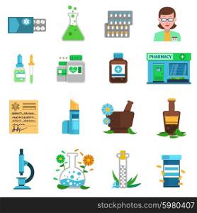 Pharmacy icons set with medical shop buildings and medicines isolated vector illustration. Pharmacy Icons Set
