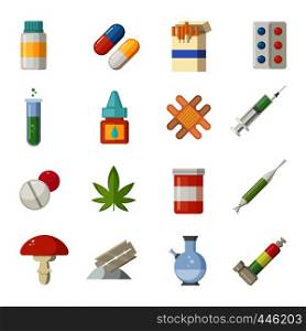Pharmacy illustrations. Different drugs in cartoon style. Narcotic and painkiller in container, tablet antibiotic vector. Pharmacy illustrations. Different drugs in cartoon style