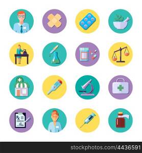 Pharmacy In Circle Icon Set. Pharmacy and science equipment colored circle icons set isolated in flat style vector illustration