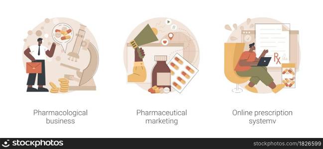 Pharmacy industry abstract concept vector illustration set. Pharmacological business, pharmaceutical marketing, online prescription system, medical equipment, e-prescribing abstract metaphor.. Pharmacy industry abstract concept vector illustrations.