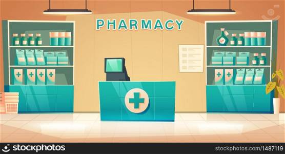 Pharmacy interior, modern drugstore with counter, medical products and pills on shelves. Vector cartoon illustration of empty pharmaceutical shop with drugs, vitamin and medications in showcase. Pharmacy interior with counter and drug on shelves