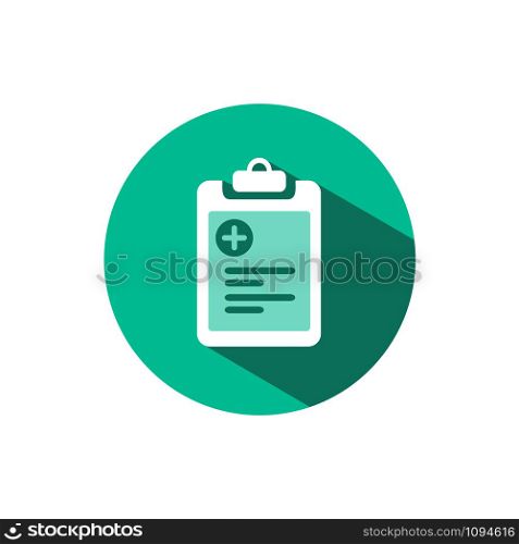 Pharmacy inventory list icon with shadow on a green circle. Flat color vector pharmacy illustration