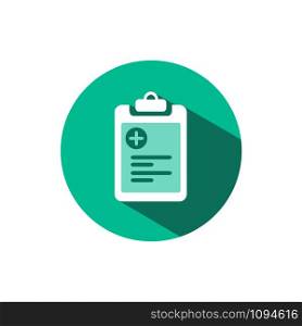 Pharmacy inventory list icon with shadow on a green circle. Flat color vector pharmacy illustration