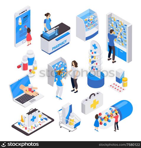 Pharmacy isometric colored icons set of visitors polite staff and stands of medicines isolated vector illustration