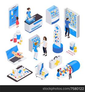 Pharmacy isometric colored icons set of visitors polite staff and stands of medicines isolated vector illustration