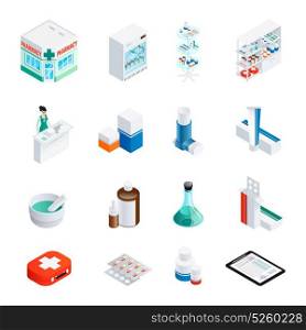 Pharmacy Isometric Icons Set. Set of isometric icons with pharmacy building and interior elements medication and recipe isolated vector illustration