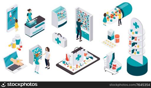 Pharmacy isometric recolor icons set illustrated online service for buying drugs isolated vector illustration. Pharmacy Isometric Recolor Icons