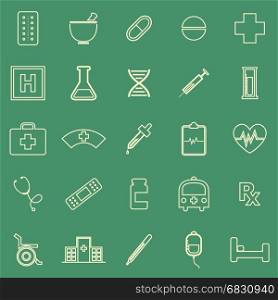 Pharmacy line color icons on green background, stock vector