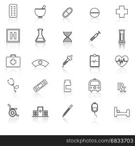 Pharmacy line icons with reflect on white background, stock vector