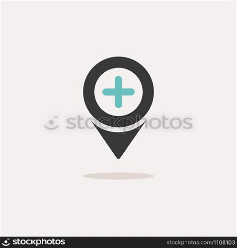 Pharmacy location. Icon with shadow on a beige background. Hospital flat vector illustration