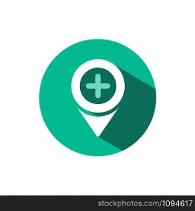 Pharmacy location icon with shadow on a green circle. Flat color vector pharmacy illustration