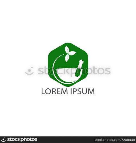 Pharmacy medical logo design. Natural mortar and pestle logotype, medicine herbal illustration symbol icon vector design.