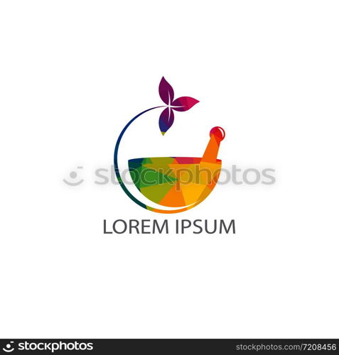 Pharmacy medical logo design. Natural mortar and pestle logotype, medicine herbal illustration symbol icon vector design.