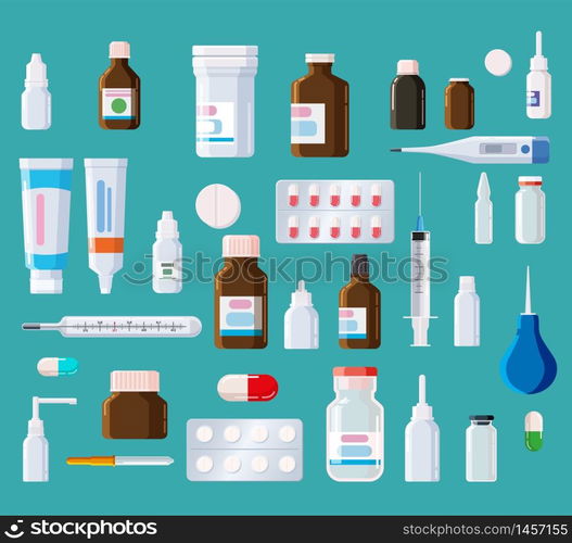 Pharmacy medical set bottles, jars, tubes, sprays, droppers with caps. Pharmacy medical set bottles, blisters, syringe, thermometer, pippete, jars, tubes, sprays, droppers with caps. Glass, plastic. Drugs, vitamin, antibiotic, vaccine. Template mockup packaging design. Vector, isolated, illustration cartoon style