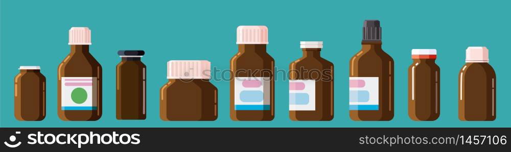 Pharmacy medical set bottles, jars with caps. Pharmacy medical set bottles, jars with caps. Glass package. Drugs, vitamin, antibiotic, vaccine. Template mockup packaging design. Vector, isolated, illustration cartoon style