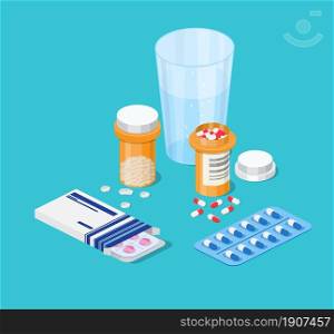 pharmacy medicine pills bottle,glass of water. Healthcare concept. Different medicaments. Web banner landing page. 3d isometric design. Vector illustration in flat style. pharmacy medicine pills bottle,glass of water