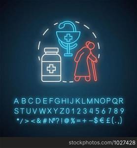 Pharmacy neon light concept icon. Geriatric patient treatment idea. Elderly, senior diseases medication. Glowing sign with alphabet, numbers and symbols. Vector isolated illustration