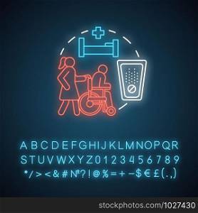 Pharmacy neon light concept icon. Hospice patient medication treatment idea. Senior, disabled people healthcare and pain relief. Glowing sign with alphabet, numbers and symbols. Vector isolated illustration