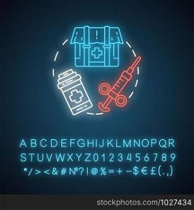 Pharmacy neon light concept icon. Military wound and disease treatment idea. Field medication. Combat zone medicine. Glowing sign with alphabet, numbers and symbols. Vector isolated illustration