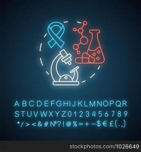 Pharmacy neon light concept icon. Oncology medication research idea. Discovering drugs. Pharmacology and biochemistry. Glowing sign with alphabet, numbers and symbols. Vector isolated illustration