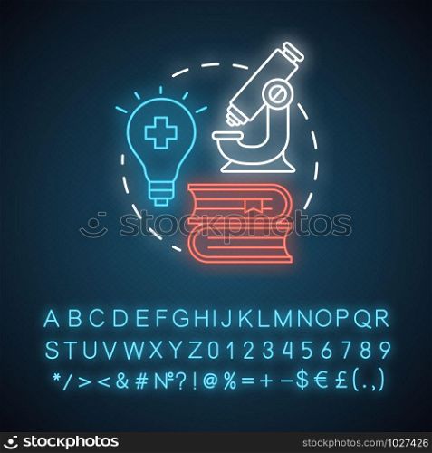 Pharmacy neon light concept icon. Pharmaceutical research idea. New drugs, treatment methods discovery. Glowing sign with alphabet, numbers and symbols. Vector isolated illustration