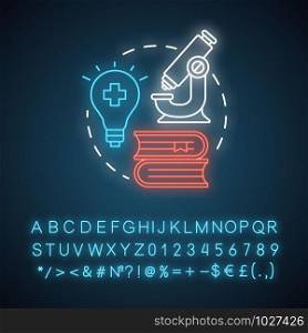 Pharmacy neon light concept icon. Pharmaceutical research idea. New drugs, treatment methods discovery. Glowing sign with alphabet, numbers and symbols. Vector isolated illustration