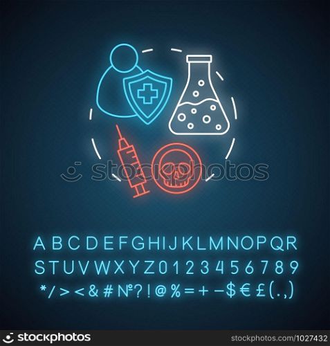 Pharmacy neon light concept icon. Poison control pharmacology branch idea. Poisonous element and antidote development. Glowing sign with alphabet, numbers and symbols. Vector isolated illustration