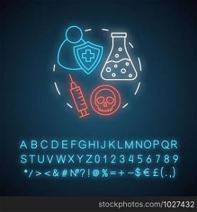 Pharmacy neon light concept icon. Poison control pharmacology branch idea. Poisonous element and antidote development. Glowing sign with alphabet, numbers and symbols. Vector isolated illustration