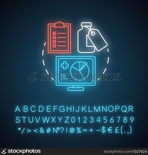 Pharmacy neon light concept icon. Regulatory pharmacology idea. Medicine effectiveness and safety tests. Glowing sign with alphabet, numbers and symbols. Vector isolated illustration