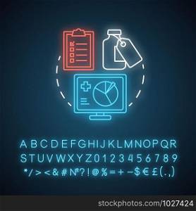 Pharmacy neon light concept icon. Regulatory pharmacology idea. Medicine effectiveness and safety tests. Glowing sign with alphabet, numbers and symbols. Vector isolated illustration
