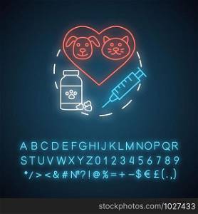 Pharmacy neon light concept icon. Veterinary medication prescription idea. Animal medicine therapy research and treatment. Glowing sign with alphabet, numbers and symbols. Vector isolated illustration