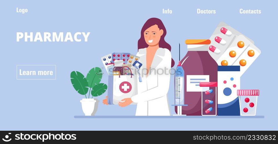 Pharmacy online shop concept for Ui, web, homepage. Pharmacist sells medications, pills. Bottle, spray, medical bag are shown.. Pharmacy online shop concept for Ui, web, homepage. Pharmacist sells medications, pills.