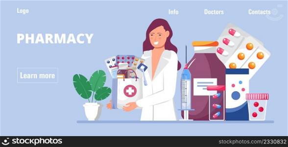 Pharmacy online shop concept for Ui, web, homepage. Pharmacist sells medications, pills. Bottle, spray, medical bag are shown.. Pharmacy online shop concept for Ui, web, homepage. Pharmacist sells medications, pills.