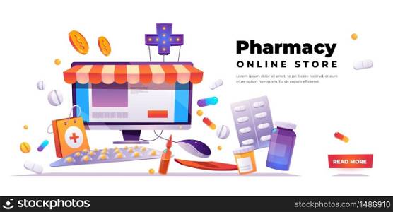 Pharmacy online store banner. Online drugstore service. Vector cartoon illustration with pharma shop website on computer screen, drugs and pills on white background. Pharmacy online store vector banner