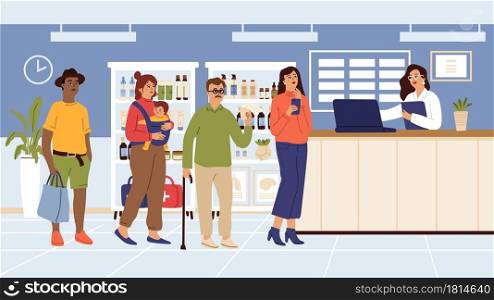 Pharmacy. People need medications, queue. Pharmacist at laptop, woman man in waiting line for buying. Healthy and sick persons vector illustration. Medical counter pharmacy, interior apothecary. Pharmacy. People need medications, queue in pharma store. Pharmacist at laptop, woman man in waiting line for buying. Healthy and sick persons vector illustration