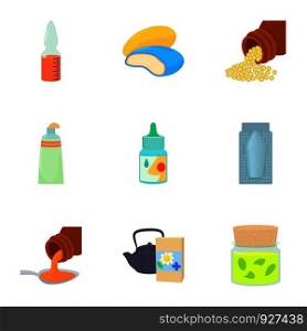 Pharmacy product icons set. Cartoon set of 9 pharmacy product vector icons for web isolated on white background. Pharmacy product icons set, cartoon style