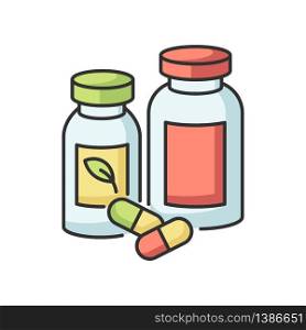 Pharmacy RGB color icon. Pills in containers. Herbal drugs for healthcare. Organic diet supplements. Pharmaceutical products in bottles. Antibiotic, painkiller capsules. Isolated vector illustration. Pharmacy RGB color icon